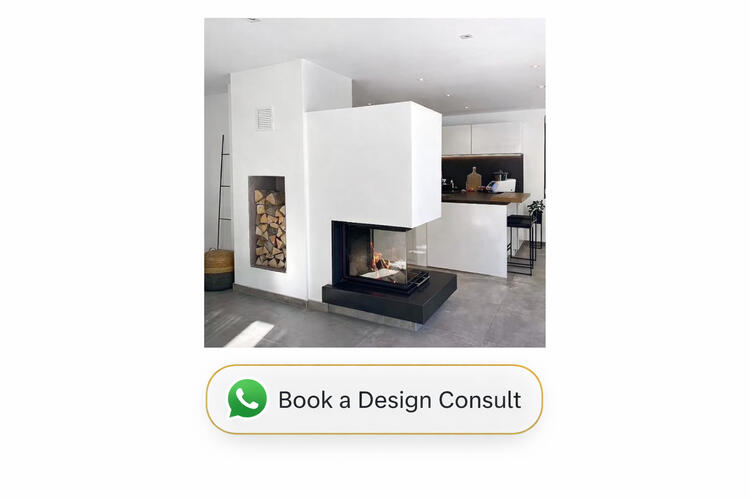 Modern kitchen design with fireplace and wood storage.